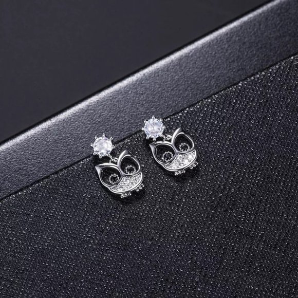 14k Gold Adorable Diamond Owl Earrings Sterling Silver - Picture 4 of 9